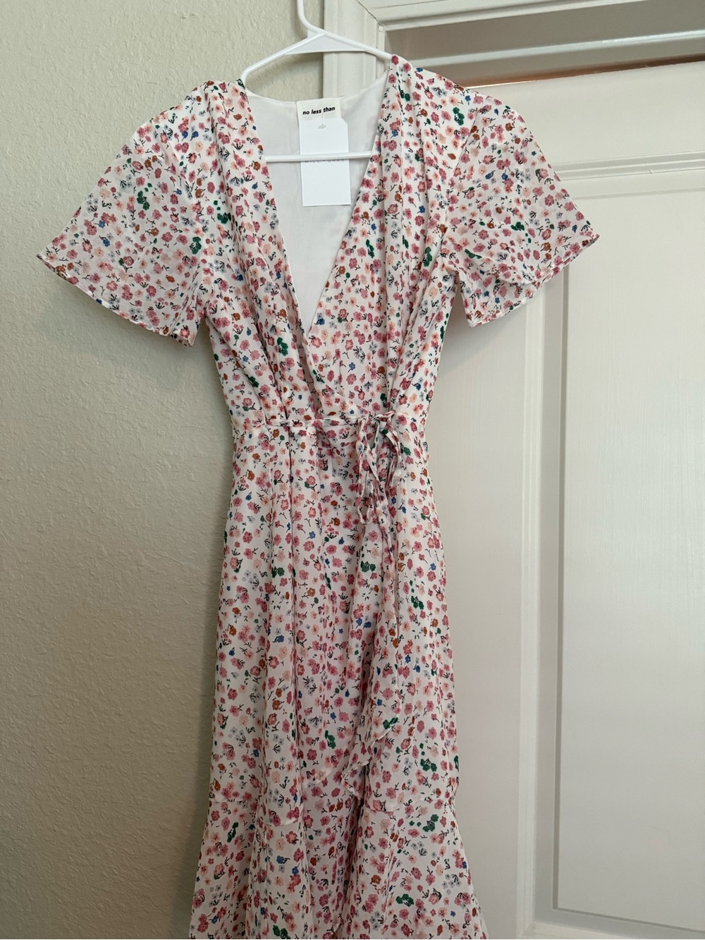 Women’s Light Pink Floral Wrap Midi Dress with Tie Waist